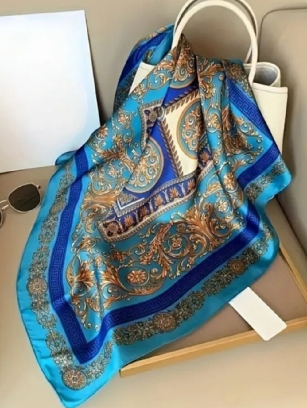 Silk- Feel Blue & Gold Baroque Scarf Head Scarf ,neck Scarf - Picture 2 of 4